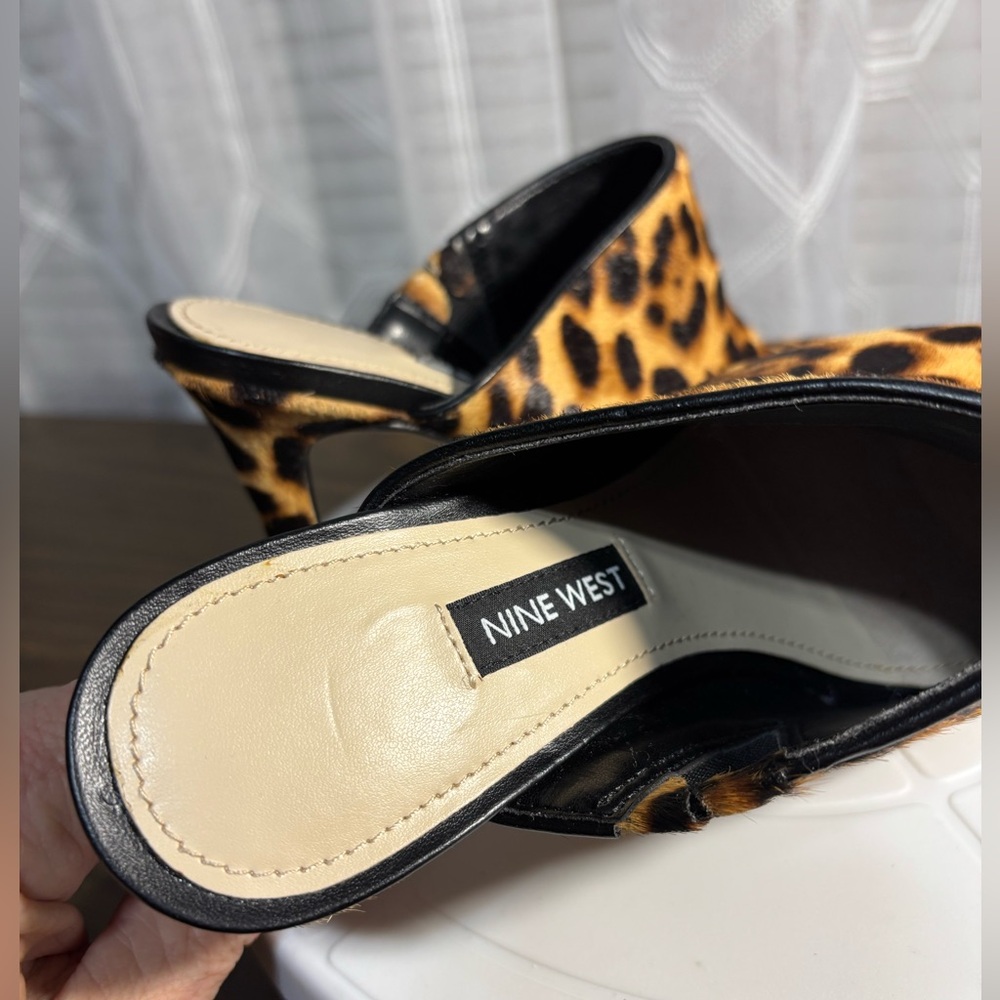 NINE West NWOT Size 5.5M Karyta Leopard Print Pointed-Toe Calf Hair Mules 3”heel - Picture 4 of 7